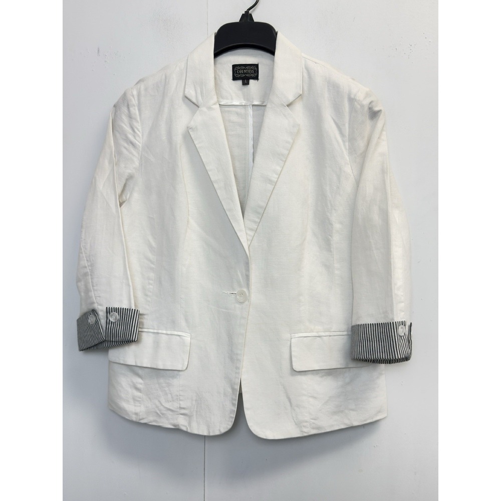 Vintage COUNTESS Linen Blend Blazer Women's L Jacket Lightweight 3/4 Sleeve‎
